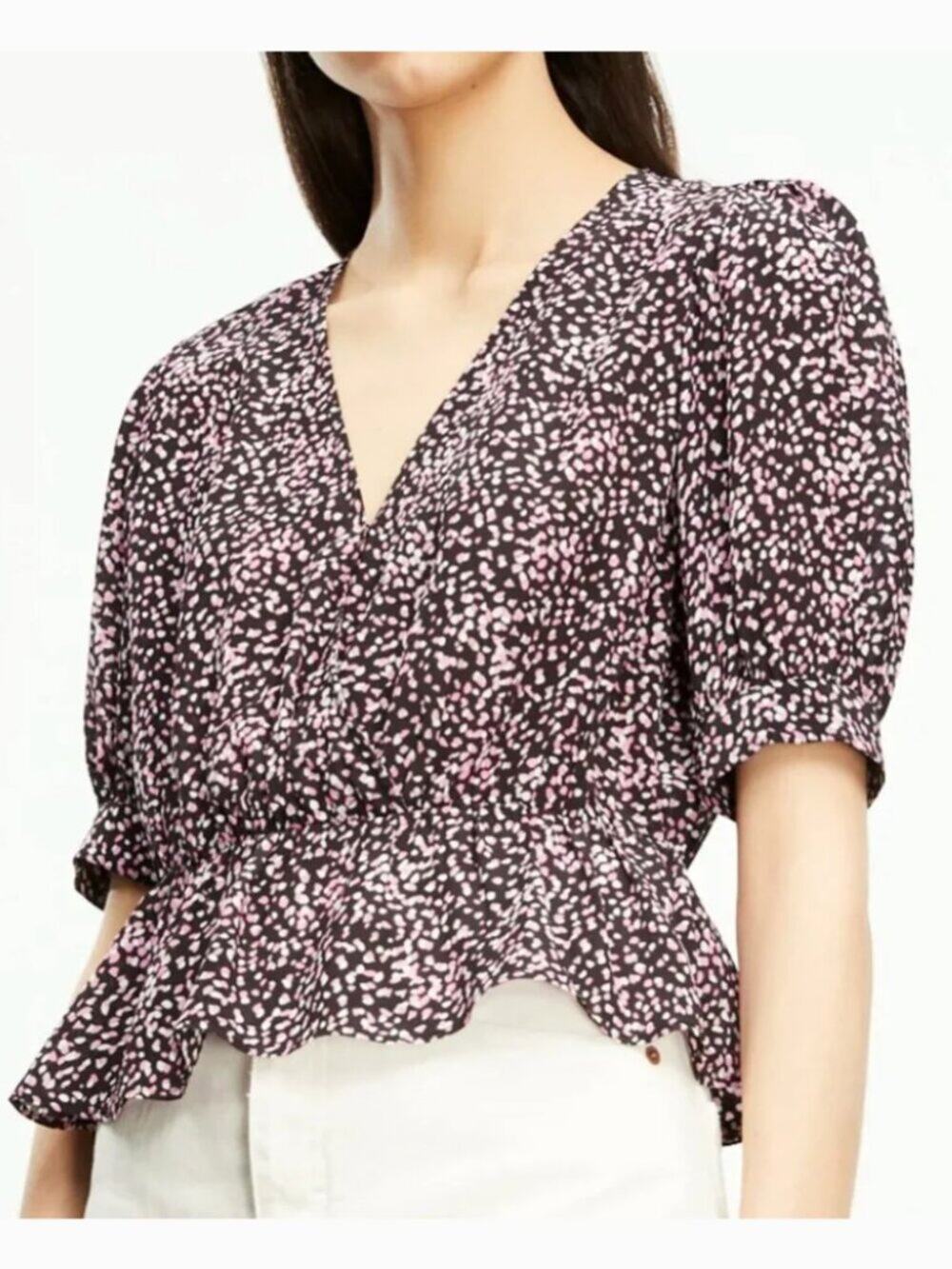 The Kooples Black & Pink Spotted Surplice Short Sleeve Blouse